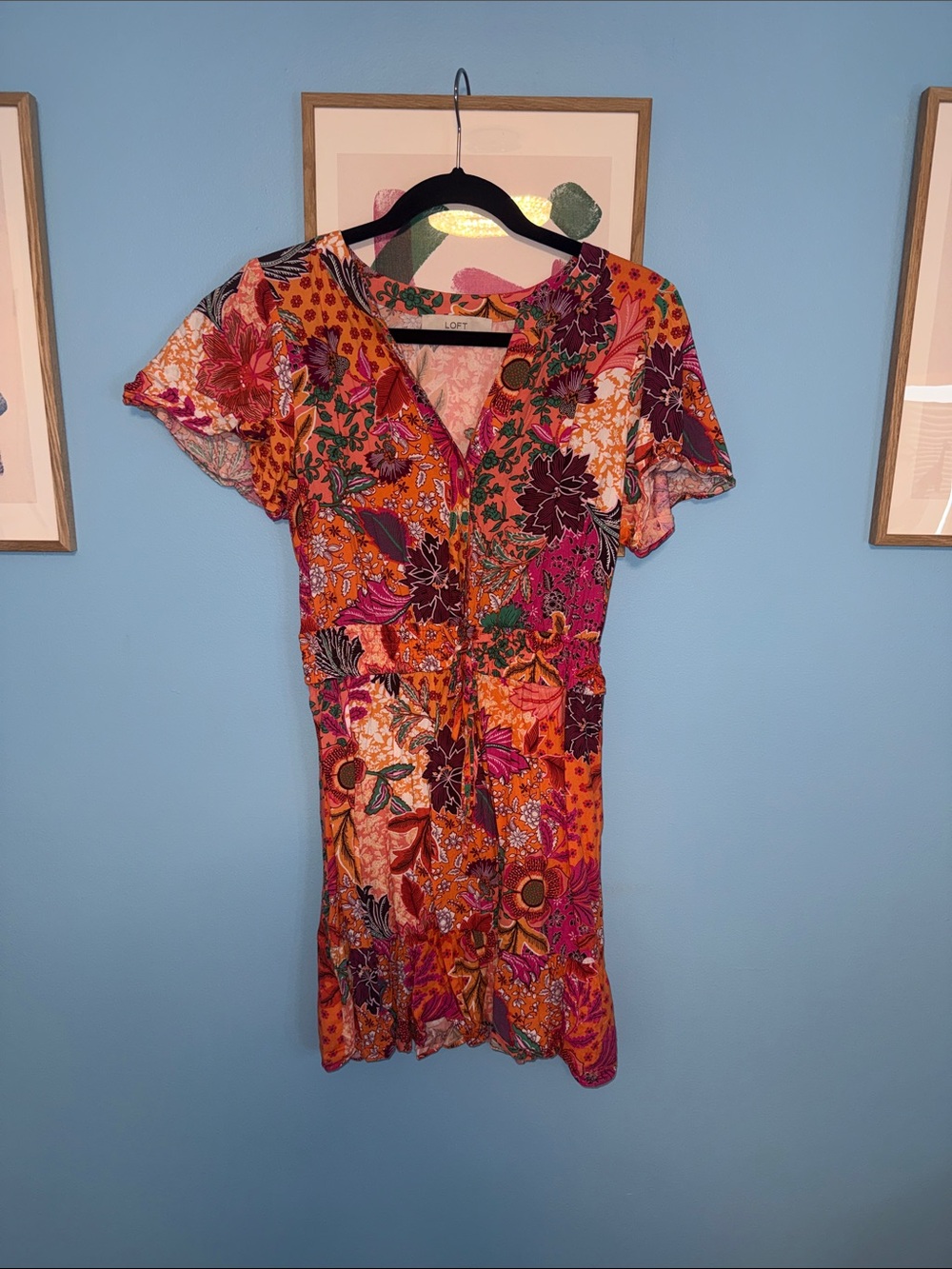 LOFT Orange & Pink Floral Midi Dress with V-Neck